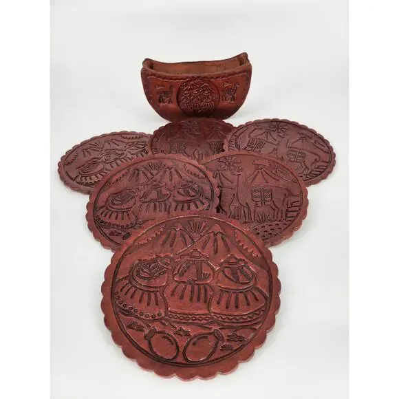 Genuine Peruvian Tooled Leather Coaster Set with Holder - Picture 2 of 12